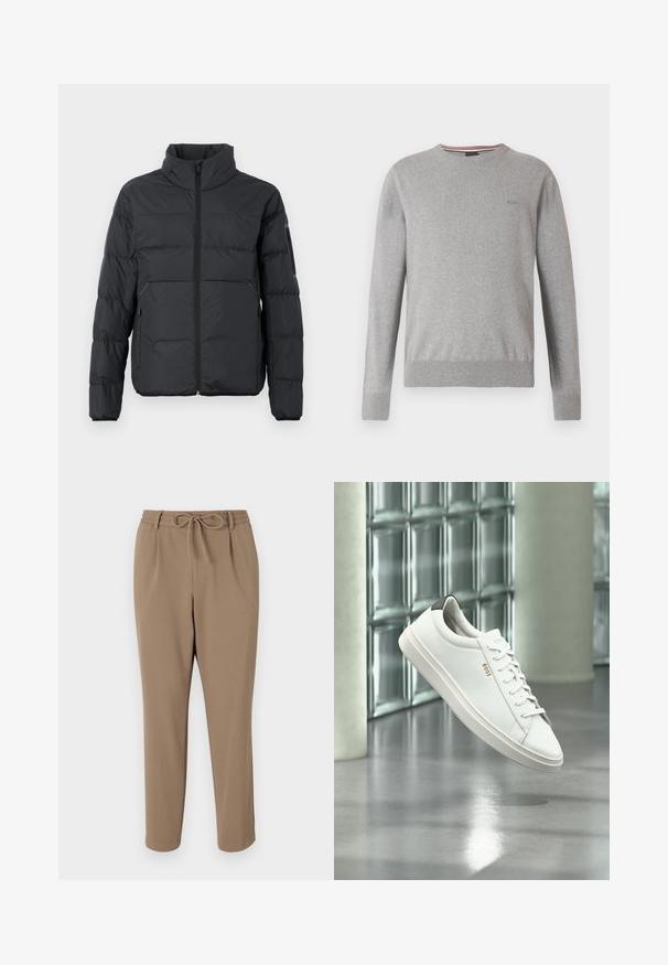 Schwarze Daunenjacke mit Stehkragen, Reißverschluss vorne und seitlichen Taschen. Sie hat horizontale Nähte und eine glatte, weiche Textur.; Grauer Pullover mit Rundhalsausschnitt, langen Ärmeln, gerippten Bündchen und Saum, mit einem dezenten Logo auf der Brust und gestreiften Akzenten am Halsausschnitt.; Beige leicht taillierte Hose mit einem Kordelzugbund, seitlichen Taschen und einer glatten Textur. Keine sichtbaren Muster oder zusätzlichen Akzente.; Weißer Leder-Low-Top-Sneaker mit Schnürsenkeln, schwarzer Fersenschlaufe und „BOSS“-Logo, der drinnen nahe einer Glassteinwand und einem polierten Boden schwebt.