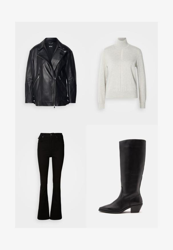 Sort læder bikerjakke med en bred krave, asymmetrisk lynlås, sidelommer og spænde detaljer ved ærmerne. Glat tekstur.; Lys grå sweater med høj krave og kvart lynlås. Lavet af et blødt, struktureret materiale, der har lange ærmer og en tætsiddende kant.; Sorte flare jeans lavet af denim, med høj talje, forlommer og et klassisk fem-lomme design med metalhardware detaljer.; Sort læderstøvle til midtkalv med spids tå og lavt skråt hæl på en enkel lys baggrund.