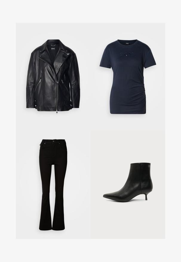 Zwart leren motorjack met een brede kraag, asymmetrische rits, zijzakken en gespdetails bij de manchetten. Glad textuur.; Marineblauwe T-shirt met korte mouwen, voorzien van ruches aan de zijkanten en een subtiele, glinsterende "BOSS" logo in het midden van de borst.; Zwarte flared jeans van denim, met een hoge taille, voorzakken en een klassiek vijf-pocket ontwerp met metalen accenten.; Zwart leren enkellaars met puntige neus en lage kittenhak op lichte achtergrond, zijaanzicht buitenkant.