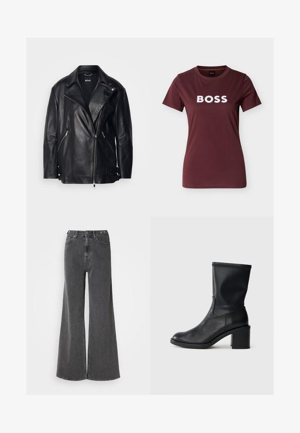 Sort læder bikerjakke med en bred krave, asymmetrisk lynlås, sidelommer og spænde detaljer ved ærmerne. Glat tekstur.; Vinrød T-shirt med korte ærmer og rund halsudskæring, med hvid BOSS-logo centreret på brystet, vist mod en enkel lys baggrund.; Bredde ben jeans i falmet sort denim, med høj talje, to frontlommer og metalknaplukninger. Glat tekstur, minimal design.; Sort læder ankelstøvle med rund tå, glat tekstur og en grov hæl, der har et tætsiddende skaft og subtil syning.