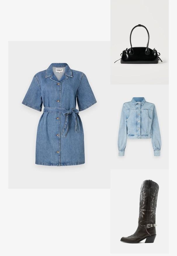 Helle blaue, taillierte Jeansjacke mit Knopfverschluss, Kragen, zwei Brusttaschen und gerafften Ärmeln. Weicher Stoff und klassisches Design.; Jeanskleid mit kurzen Ärmeln, einem Kragen, Knöpfen an der Vorderseite und einem Bindegürtel in der Taille. Blaue Stoff mit glatter Textur und subtilen Stickdetails.; Schwarzer Leder-Cowboystiefel mit dekorativen Ausschnitten, silberner Schnalle und schräger Ferse, auf weißem Hintergrund dargestellt.; Kleine schwarze glänzende Handtasche mit zwei langen Griffen und seitlichen Kordelzug-Details vor einfachem hellem Hintergrund.