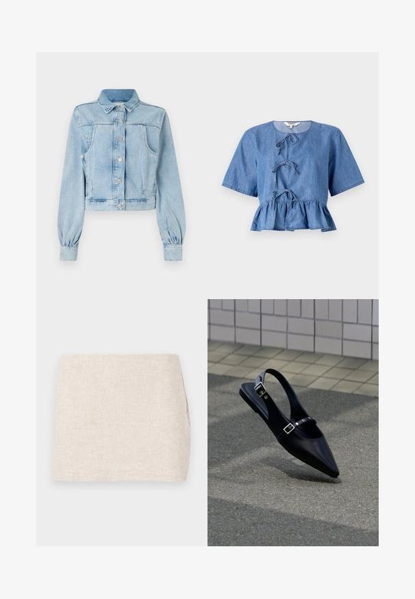 Lyseblå, cropped denimjakke med knaplukning foran, krave, to brystlommer og samlede ærmer. Blød tekstur og klassisk design.; Blå denimbluse med korte ærmer, rund halsudskæring, frontbindinger og en peplumnederdel. Glat tekstur med et afslappet design.; Beige linnedyr med et minimalistisk design, der har en glat tekstur og en subtil vævning. Det har en lige, simpel skæring uden synlige lukninger.; Sort flad slingback med spids tå og dobbelte spænder, hvilende på grå asfalt nær flisevæg.