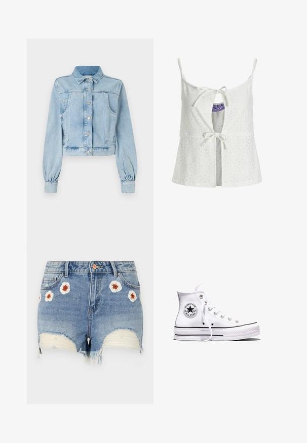 Lichtblauwe cropped denimjas met een knoopsluiting aan de voorkant, kraag, twee borstzakken en gathered mouwen. Zachte textuur en klassiek ontwerp.; Witte mouwloze top met een oogjespatroon, sluiting met een strik aan de voorkant, keyhole-detail en verstelbare bandjes. Stof heeft een gestructureerde afwerking.; Denim shorts met een rafelige zoom, lichtblauwe kleur, voorzien van bloemenborduurwerk in wit en bruin rondom de voorkant. Vijf-pocket ontwerp.; Witte Converse Chuck Taylor All Star sneaker met hoge schacht, zwarte strepen en logo-patch aan de zijkant, weergegeven tegen een effen witte achtergrond.