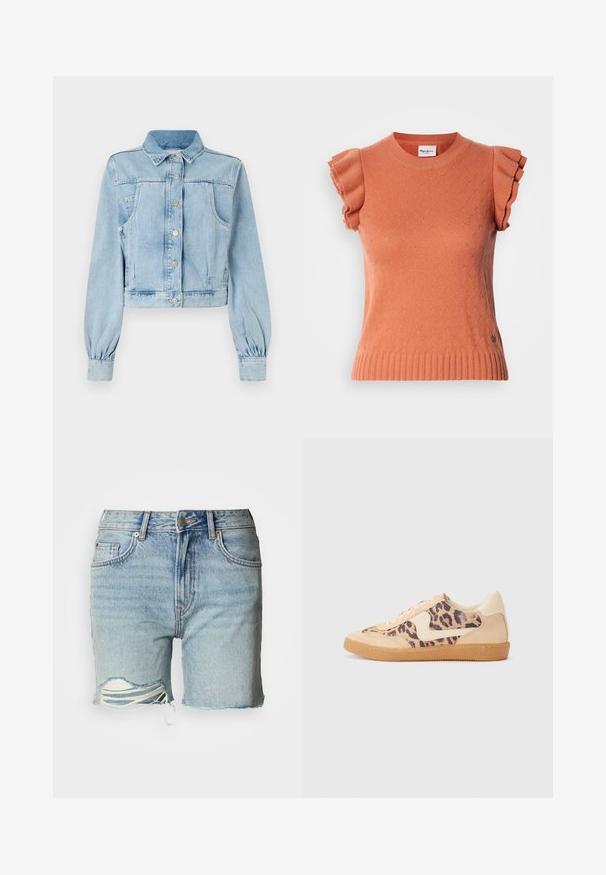 Lichtblauwe cropped denimjas met een knoopsluiting aan de voorkant, kraag, twee borstzakken en gathered mouwen. Zachte textuur en klassiek ontwerp.; Oranje trui met korte mouwen en ruches aan de mouwen, met een gestructureerd patroon en een geribbelde zoom. Merklable zichtbaar aan de voorkant.; Lichtblauwe denim shorts met rafelige zoom, verweerde details en zichtbare witte draadjes bij de snede. Klassiek ontwerp met vijf zakken.; Luipaardprint sneakers met een beige suède bovenkant, tan rubberen zool en witte accenten. Ronde neus en vetersluiting met een gestructureerde afwerking.