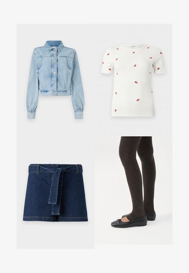 Hele sinine lühike denim-jakk nööbiga esiküljel, krae, kaks rinna taskut ja kogutud varrukad. Pehme tekstuur ja klassikaline disain.; Valge lühikeste varrukatega soonikkoes topp, millel on ees, varrukatel ja õlgadel hajutatud väikesed punased maasikakinnitused.; Tumedates denim lühikesed püksid laia vöökoha ja kangast vöödiga. Sile tekstuur koos nähtavate õmblusdetailidega ääres.; Jalad seljas tumedad soonelises soonelises kombines mustade baleriinadega, millel on väikesed paelade detailid valgel taustal.