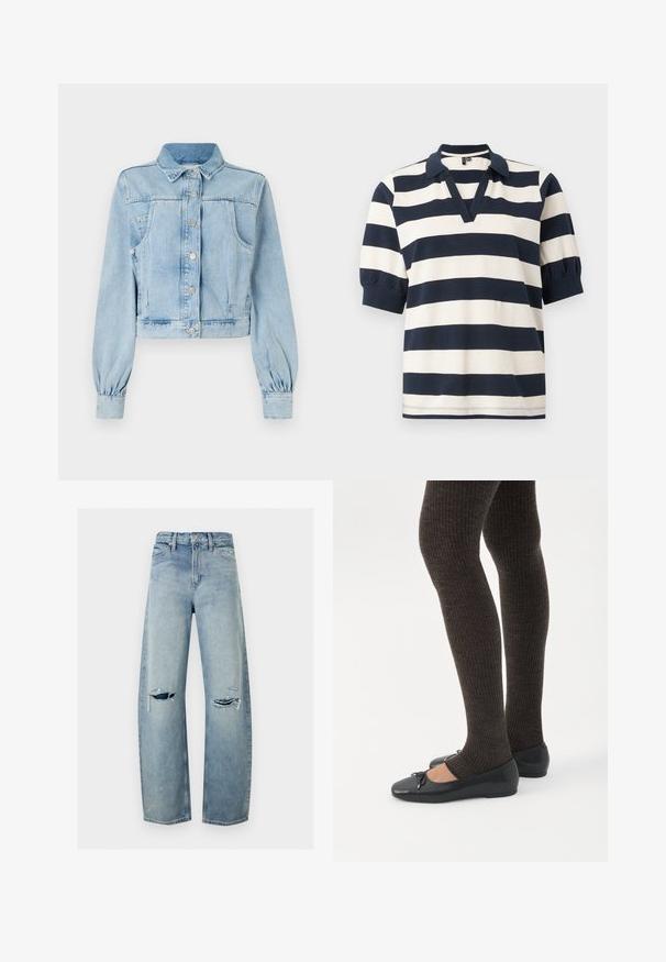 Lyseblå, cropped denimjakke med knaplukning foran, krave, to brystlommer og samlede ærmer. Blød tekstur og klassisk design.; Stribet bomulds polo skjorte med hvide og marineblå vandrette striber, korte puffærmer, V-udskæring og ribbet krave.; Lyseblå straight-leg denim jeans med slidte revner på begge knæ, forlommer, bæltestropper og knaplukning.; Ben iført mørke ribbede leggings kombineret med sorte balletsko med små sløjfedetaljer på hvid baggrund.