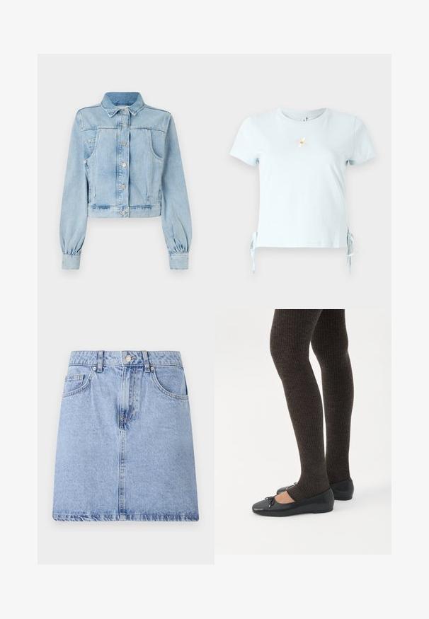 Lichtblauwe cropped denimjas met een knoopsluiting aan de voorkant, kraag, twee borstzakken en gathered mouwen. Zachte textuur en klassiek ontwerp.; Lichtblauw katoenen T-shirt met korte mouwen, zijstrikjes en een geborduurd madeliefje met daaronder het woord "Smile".; Lichtblauwe denim rok met een vijf-pocket ontwerp, sluiting met knoop en rits aan de voorkant, en een onafgewerkte zoom. Soepele textuur met lichte vervaging.; Benen met donkere geribbelde leggings gecombineerd met zwarte ballerina's met kleine strikdetails op een witte achtergrond.