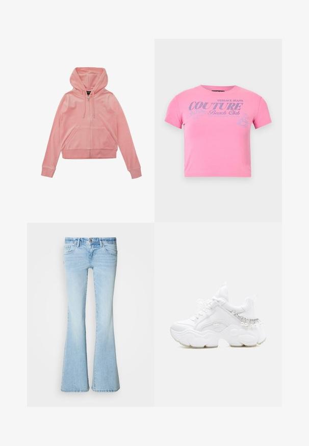 Roze velours zip-up hoodie met een kangoeroezak, verstelbare trekkoordkap en ribgebreide manchetten en zoom. Bevat een subtiele logodetail.; Roze korte cropped t-shirt met zilveren glittertekst "Versace Jeans Couture Beach Club" en een kleine afbeelding van een surfende vrouw.; Lichtblauwe uitlopende spijkerbroek gemaakt van denim. Voorzien van vijf zakken, een knoopsluiting en een verweerde wassing met subtiele kreukjes.; Witte chunky sneaker met dikke zool, veters aan de voorkant en kettinkdetail met hangende parels op de hiel.