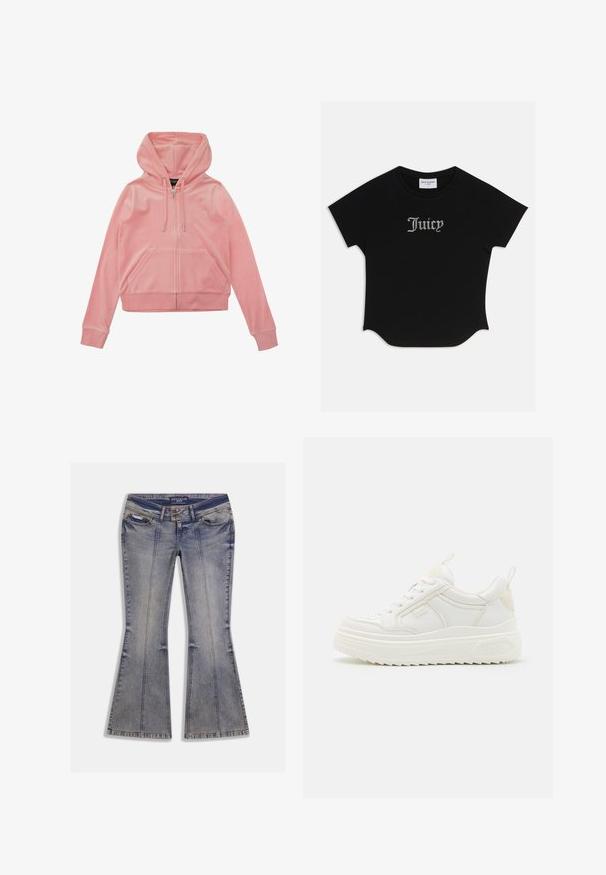 Roze velours zip-up hoodie met een kangoeroezak, verstelbare trekkoordkap en ribgebreide manchetten en zoom. Bevat een subtiele logodetail.; Zwarte T-shirt met korte mouwen en een ronde onderkant, voorzien van raglanmouwen. Kenmerkt zich door versierde "Juicy"-tekst in strass-steentjes op de voorkant.; Uitlopende spijkerbroek in lichtblauw met vervaagde plekken, voorzakken en contrasterende stiksels. Voorzien van een ritsvlieg en een merkband aan de taille.; Witte leren sneakers met een stevige zool, vetersluiting en subtiele branding. Heeft een zachte textuur en een ronde neus.