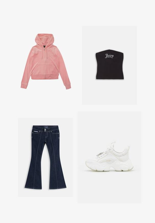 Roze velours zip-up hoodie met een kangoeroezak, verstelbare trekkoordkap en ribgebreide manchetten en zoom. Bevat een subtiele logodetail.; Zwarte fitted crop top met een gladde textuur en een ronde halslijn, versierd met strasstenen letters die "Juicy" op de voorkant spellen.; Donkerblauwe wijde jeans met witte stiksels, voorzakken, riemlussen en twee zilveren knopen aan de tailleband.; Witte chunky sneakers van leer en mesh-materialen, met een dikke zool, ronde neus en decoratieve veters. Licht gemêleerde accenten.