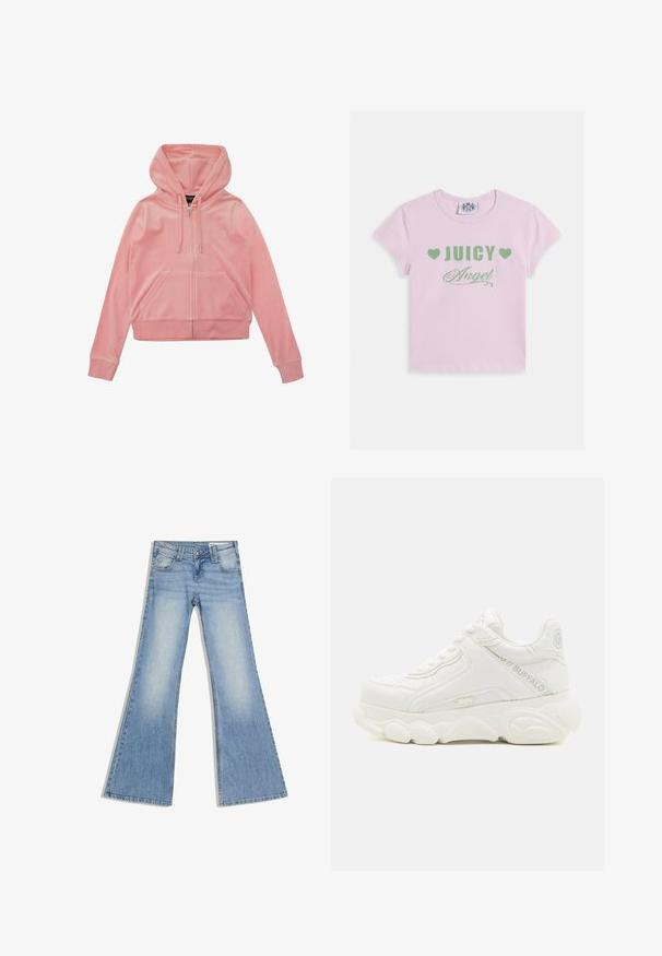 Roze velours zip-up hoodie met een kangoeroezak, verstelbare trekkoordkap en ribgebreide manchetten en zoom. Bevat een subtiele logodetail.; Roze katoenen T-shirt met korte mouwen, bedrukt met groene tekst waarop "JUICY" en "Angel" staat, met hartaccenten en een ronde halslijn.; Lichtblauwe denim jeans met een hoge taille, voorkantzakken en wijde uitlopende pijpen, plat gelegd op een witte achtergrond.; Witte chunky sneaker met dikke zool, vetersluiting en "Buffalo"-branding op de zijkant en hiel.