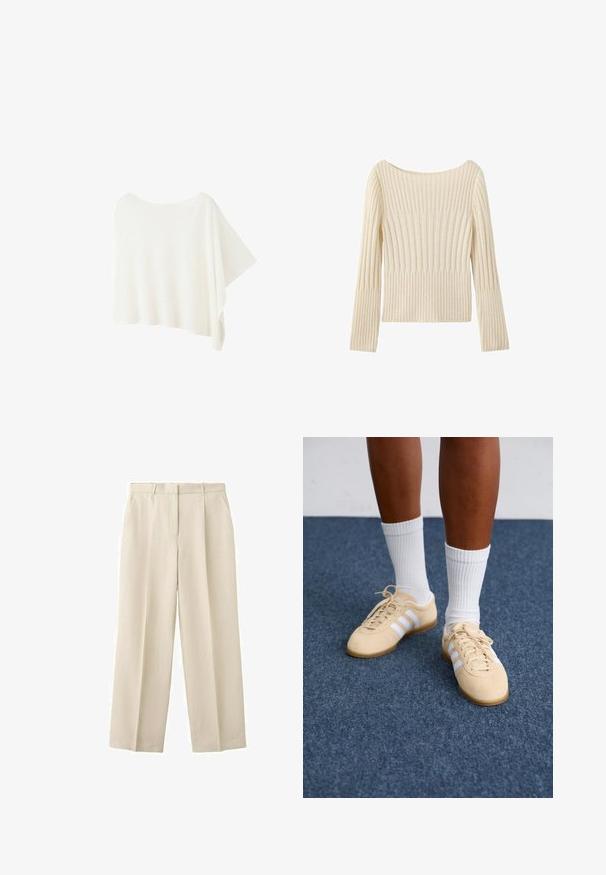 Poncho blanc asymétrique avec un large décolleté et un côté plus long drapé, fait en tissu léger.; Pull en maille côtelée couleur crème avec manches longues et large encolure ronde, présenté à plat sur fond blanc.; Pantalon beige taille haute à jambes larges avec passants pour ceinture et poches latérales avant, fabriqué en tissu texturé.; Personne portant des baskets Adidas beiges avec des rayures blanches et des chaussettes blanches, se tenant sur un sol en moquette bleue.