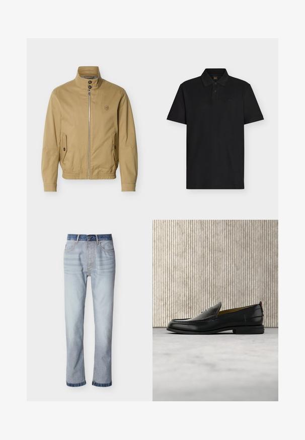 Veste beige à fermeture éclair avec col montant, deux poches avant à boutons, ourlet élastique et petit logo brodé sur la poitrine gauche.; Polo noir à manches courtes avec deux boutons, col côtelé et logo discret "BOSS" sur la poitrine gauche.; Jean denim bleu clair avec une ceinture bleu foncé, coupe droite, cinq poches et détails de couture visibles.; Mocassin pour homme en cuir noir avec un dessus embossé effet croco et un petit talon, présenté de profil sur un fond neutre.