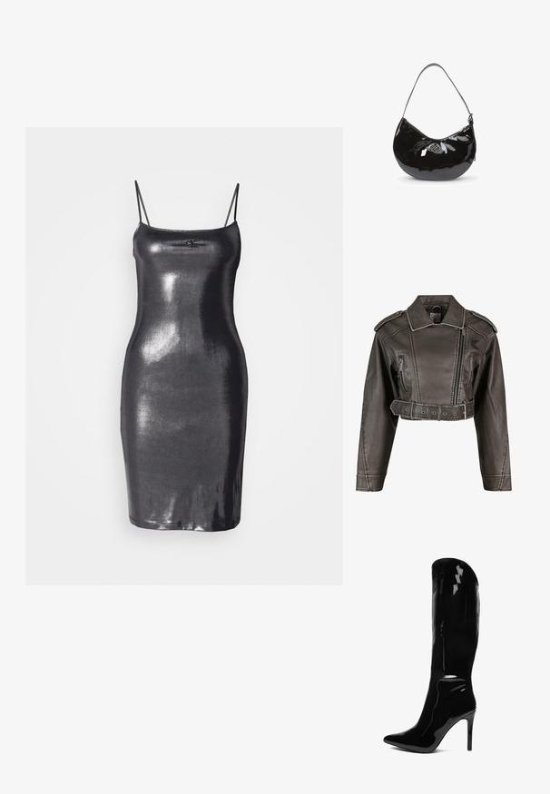 Afskåret grå faux læderjakke med spidse kraver, dobbeltknapsdesign, frontlynlås og bælte i taljen. Har sidelommer.; Sort, ærmeløs bodycon kjole lavet af skinnende, reflekterende materiale. Den har tynde stropper og en lige kant. Logo-detalje på fronten.; Knæhøj, patenteret sort stiletto-støvle med spids tå. Den glatte tekstur og det høje design skaber en slank, tætsiddende silhuet.; Sort patentlæder håndtaske med en buet form, enkelt skulderrem, lynlåslukning og et dekorativt metal logo. Glat tekstur.