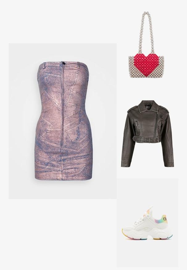 Gekürzte graue Kunstlederjacke mit Reverskragen, doppelt geknöpftem Design, Vorderreißverschluss und tailliertem Gürtel. Mit Seitentaschen.; Sinead Gorey DISTRESSED PATCHWORK POCKET MINIDRESS WITH ZIP UP FRONT - Jeanskleid - pink; Weißer klobiger Sneaker mit Regenbogenakzenten an Ferse und Zunge, dicker strukturierter Sohle mit mehrfarbigen Griffigkeiten und Schnürverschluss.; Kleine Handtasche aus silbernen Perlen mit einem großen roten Herzen auf der Vorderseite und einem Griff aus silbernen Perlen.