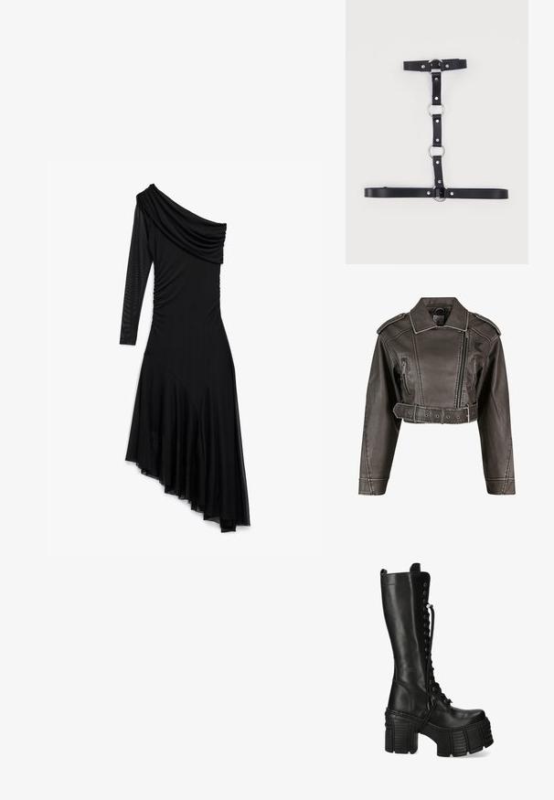 Gekürzte graue Kunstlederjacke mit Reverskragen, doppelt geknöpftem Design, Vorderreißverschluss und tailliertem Gürtel. Mit Seitentaschen.; Schwarzes asymmetrisches Kleid mit einem langen, transparenten Ärmel, schulterfreiem, drapiertem Ausschnitt, gerafften Seiten und unregelmäßigem Saum mit Netzdetails.; Hoher schwarzer Leder-Plateaustiefel mit dicker Grippsohle, Blockabsatz und vorderer Schnürung.; Schwarzer Kunstleder-Geschirr mit silbernen Metallringen und Nieten, ausgestattet mit verstellbaren Riemen, die in einem vertikalen und horizontalen Muster angeordnet sind.