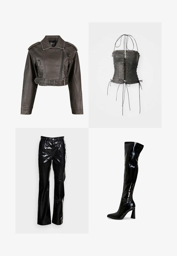 Gekürzte graue Kunstlederjacke mit Reverskragen, doppelt geknöpftem Design, Vorderreißverschluss und tailliertem Gürtel. Mit Seitentaschen.; Jaded London LONGLINE LACE UP HALTER CORSET - Top - black; Monki Stoffhose - black dark; Schwarze Overknee-Stiefel aus lackiertem Leder mit spitz zulaufender Zehenpartie, quadratischem Blockabsatz und glatter, glänzender Oberfläche. Ohne sichtbare Beschläge.