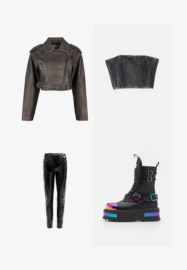 Gekürzte graue Kunstlederjacke mit Reverskragen, doppelt geknöpftem Design, Vorderreißverschluss und tailliertem Gürtel. Mit Seitentaschen.; Schwarzes Denim-Bustier mit strukturiertem Design, ausgestattet mit vertikalen Nähten und einer taillierten, kurzen Form. Texturierte Oberfläche mit subtilen Ausbleichungen.; Schwarze hochgeschnittene Hosen aus glänzendem, reflektierendem Material mit glatter Textur; figurbetontes Design, das sich an den Knöcheln verjüngt.; Koi Footwear COSMIC FIRE METAL PLATFORM BOOTS - Schnürstiefelette - black/multi-coloured