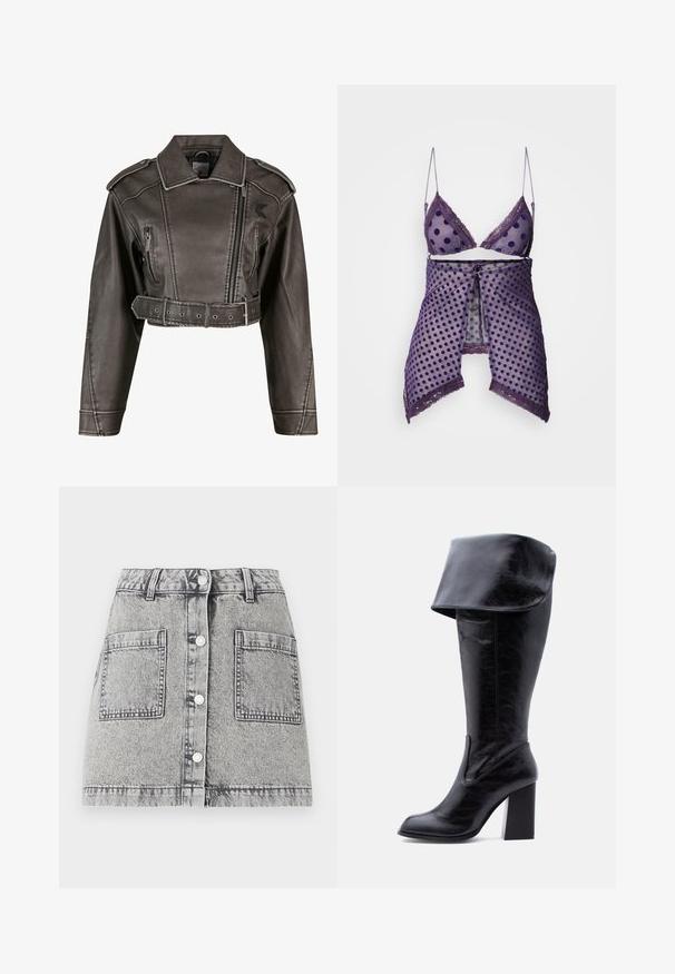 Gekürzte graue Kunstlederjacke mit Reverskragen, doppelt geknöpftem Design, Vorderreißverschluss und tailliertem Gürtel. Mit Seitentaschen.; Lila Lingerie-Set mit Punkten, aus transparentem Netzstoff, mit Spitzenbesatz und verstellbaren Trägern; inklusive passendem Wickeltuch mit Frontbinde.; Jeansrock in hellgrau mit einem verwaschenen Textur, ausgestattet mit einer Knopfleiste, zwei großen Fronttaschen und einem geraden Schnitt.; Hoher schwarzer Lederstiefel mit Absatz, umgeschlagenem Umschlag und abgerundetem Zehenbereich, steht aufrecht auf weißem Hintergrund.
