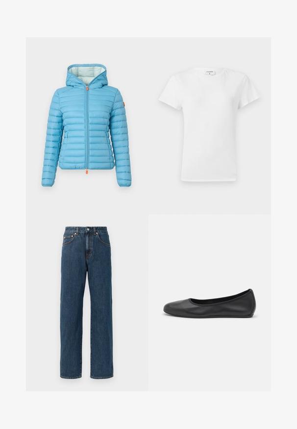 Veste matelassée bleu clair avec un design à côtes horizontales, capuche réglable et fermeture éclair à l'avant avec un tirette orange. Doublure intérieure douce.; T-shirt en coton blanc avec un col rond et des manches courtes, présentant une coupe décontractée et un design minimaliste. Étiquette visible au niveau du cou.; Jeans en denim bleu foncé avec une coupe droite. Comprend cinq poches, des détails de couture subtils et une fermeture à bouton au niveau de la taille.; Ballerines en cuir noir avec un bout rond, texture lisse, détails de couture minimalistes et design de semelle flexible.