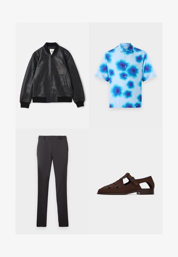 Veste bomber en cuir noir avec fermeture éclair à l'avant, col, poignets et taille en côtes, et deux poches verticales fentes sur fond blanc.; Chemise à manches courtes avec une base bleu clair, ornée de motifs floraux abstraits bleus et bleu foncé, et cinq boutons à l'avant.; Pantalons ajustés gris foncé avec une coupe droite, fabriqués à partir d'un tissu lisse, dotés de passants de ceinture et de poches latérales.; Sandale pour homme en cuir marron avec un bout fermé, des côtés ajourés, un petit talon et une bride réglable à boucle.