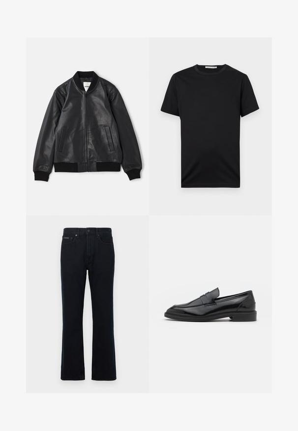 Veste bomber en cuir noir avec fermeture éclair à l'avant, col, poignets et taille en côtes, et deux poches verticales fentes sur fond blanc.; T-shirt noir à manches courtes avec col rond, design uni, étiquette « Tiger of Sweden » à l'intérieur du col.; Jean en denim noir avec coupe droite, fermeture par bouton et deux poches avant. Le tissu a une texture lisse avec peu de détails.; Mocassins en cuir noir avec une finition lisse, dotés d'un bout arrondi et d'une bande étroite sur le dessus. Talon bas empilé.