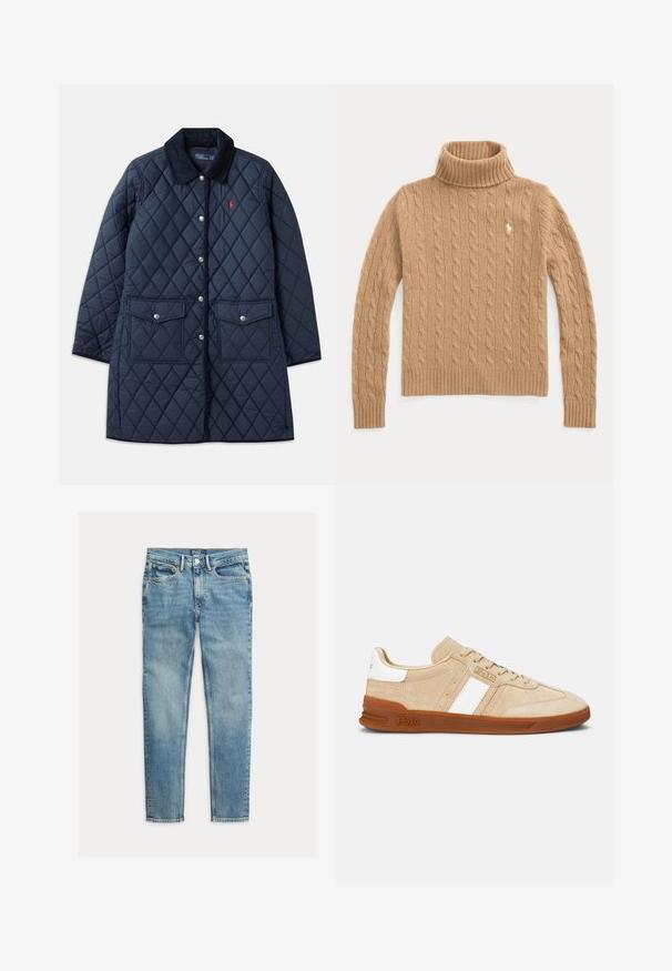 Marineblauer, gesteppten Mantel mit Rautenmuster, Cordkragen, Druckknöpfen, zwei Fronttaschen und einem kleinen roten Logo auf der linken Brust.; Kamelfarbener, kabelgestrickter Rollkragenpullover mit langen Ärmeln und gerippten Bündchen, mit kleinem besticktem Logo auf der Brust.; Hellblaue Slim-Fit-Jeans mit fünf Taschen und Knopfverschluss, flach auf weißem Hintergrund liegend.; Beige Wildledersneaker mit weißen Streifen, Gummisohle und braunen Akzenten. Der Schuh hat einen strukturierten Körper und ein Logo an der Seite.