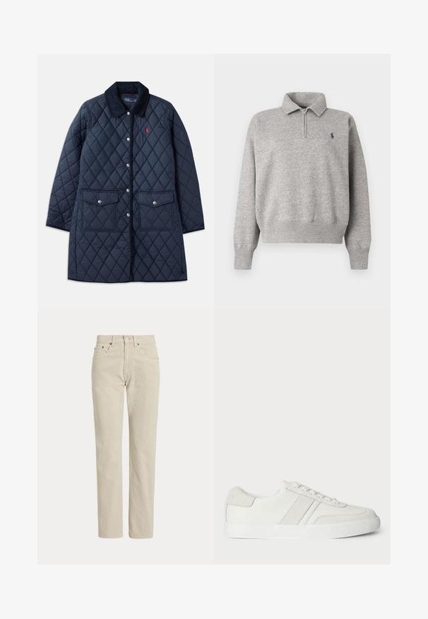 Abrigo acolchado de color navy con patrón de diamantes, cuello de pana, botones a presión, dos bolsillos frontales y un pequeño logo rojo en el lado izquierdo del pecho.; Jersey de manga larga gris claro con cremallera de un cuarto, puños y dobladillo acanalados, y un pequeño logo oscuro bordado en el pecho izquierdo.; Pantalones de pana beige de corte recto con trabillas para cinturón, botón delantero, cremallera y bolsillos delanteros.; Zapatilla blanca con parte superior de cuero liso, acentos de ante y cordones planos. Presenta una suela de goma texturizada y un diseño minimalista.