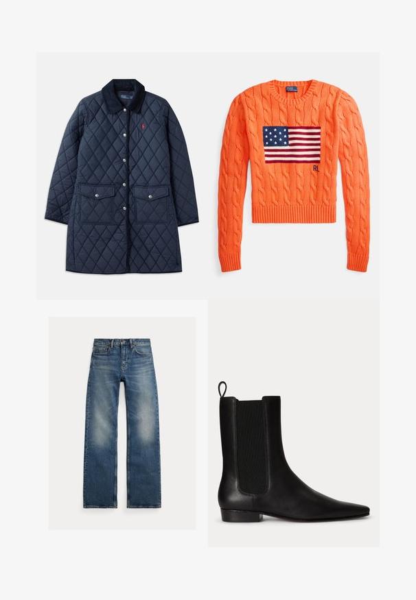 Marineblauwe gewatteerde jas met ruitpatroon, corduroy kraag, drukknoopsluiting, twee voorzakken en een klein rood logo op de linkerkant van de borst.; Gebreide kabeltrui in feloranje met een blauw Amerikaans vlagontwerp en rood-witte strepen. Geribbelde manchetten en zoom. Klassieke ronde hals.; Blauwe straight-leg jeans met vervaagde plekken op de dijen, vijfzakkenontwerp en knoopsluiting, plat liggend op een witte achtergrond.; Zwarte leren enkellaars met elastisch zijpaneel, trek lus aan de achterkant, lage hak en puntige neus.
