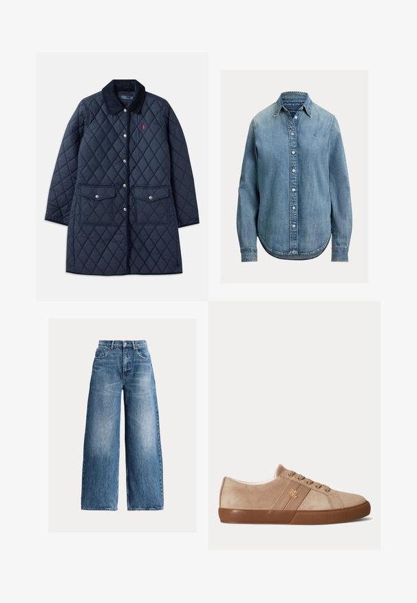 Marineblauer, gesteppten Mantel mit Rautenmuster, Cordkragen, Druckknöpfen, zwei Fronttaschen und einem kleinen roten Logo auf der linken Brust.; Hellblaues Denim-Hemd zum Knöpfen mit Kragen, langen Ärmeln und abgerundetem Saum. Verfügt über weiße Knöpfe und eine dezente Textur im Stoff.; Blaue Jeans mit weitem Bein, fünf Taschen, Knopfverschluss und ausgebleichten Details vorne und an den Oberschenkeln.; Beige Wildleder-Low-Top-Sneaker mit brauner Gummisohle, passenden Schnürsenkeln und kleinem goldfarbenem "RLL"-Logo an der Seite.
