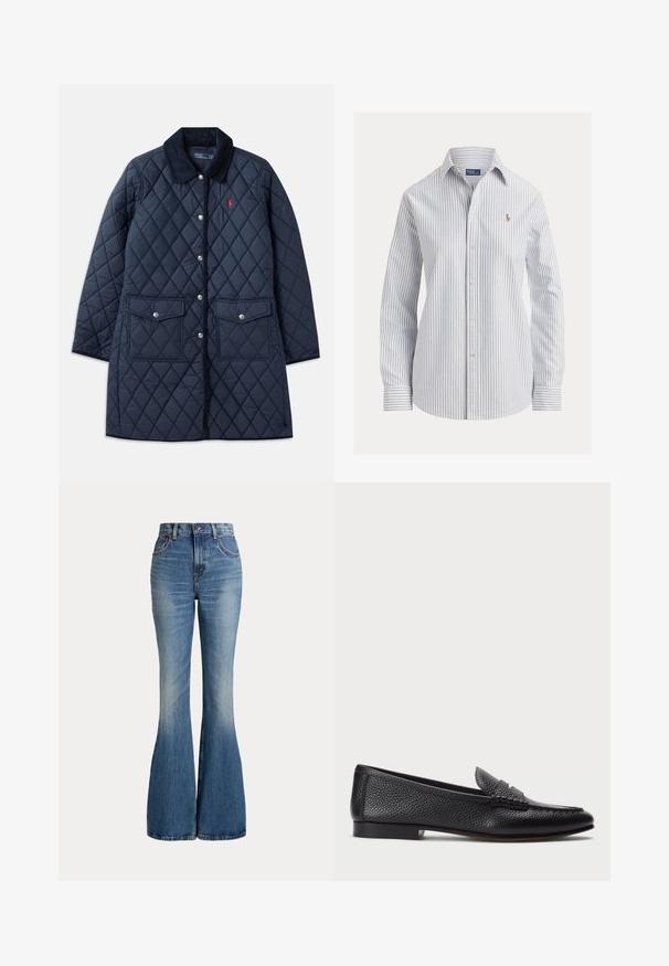 Abrigo acolchado de color navy con patrón de diamantes, cuello de pana, botones a presión, dos bolsillos frontales y un pequeño logo rojo en el lado izquierdo del pecho.; Camisa blanca con botones, con finas rayas verticales azules, mangas largas, cuello puntiagudo y pequeño logo bordado en el pecho.; Vaqueros de mezclilla azul de talle alto con piernas acampanadas y ligero desgaste en la zona delantera del muslo, mostrados sobre fondo blanco.; Mocasin de cuero negro con acabado texturizado, que cuenta con una correa decorativa y tacón plano. Diseño elegante y minimalista con punta redondeada.
