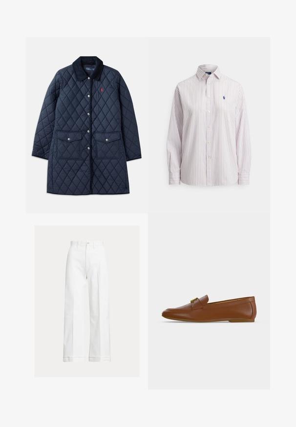 Abrigo acolchado de color navy con patrón de diamantes, cuello de pana, botones a presión, dos bolsillos frontales y un pequeño logo rojo en el lado izquierdo del pecho.; Camisa de manga larga con botones, con finas rayas verticales rojas y azules, cuello puntiagudo y pequeño logo bordado en azul marino de un caballo en el pecho.; Pantalones blancos de pierna ancha hechos de algodón, con cintura alta, cierre de botones y líneas sutiles de pliegue que recorren la parte delantera.; Mocasín de cuero marrón con detalle de hebilla dorada y tacón bajo plano, mostrado de perfil sobre un fondo claro y liso.