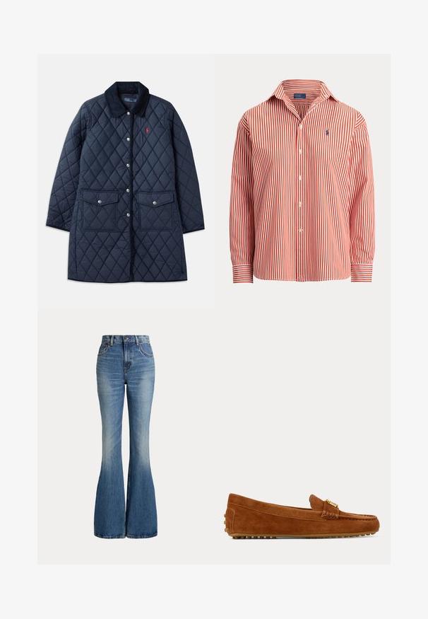 Abrigo acolchado de color navy con patrón de diamantes, cuello de pana, botones a presión, dos bolsillos frontales y un pequeño logo rojo en el lado izquierdo del pecho.; Camisa de hombre de manga larga con botones, con rayas verticales rojas y blancas y un pequeño logo azul bordado en el pecho.; Vaqueros de mezclilla azul de talle alto con piernas acampanadas y ligero desgaste en la zona delantera del muslo, mostrados sobre fondo blanco.; Zapato mocasín marrón de ante con detalle de hebilla dorada y suela de goma con textura de piedrecillas, visto de lado sobre un fondo liso.