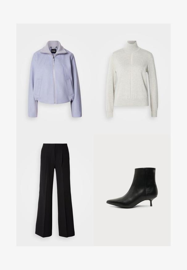 Lys lila cropped jakke lavet af blød stof, med høj krave, lynlåslukning og to frontlommer med et rent design.; Lys grå sweater med høj krave og kvart lynlås. Lavet af et blødt, struktureret materiale, der har lange ærmer og en tætsiddende kant.; Sorte bukser lavet af glat stof, med høj talje, bred ben silhuet og to frontfolder for ekstra design detaljer.; Sort læder ankelstøvle med spids tå og lav kitten hæl på lys baggrund, der viser yderside.