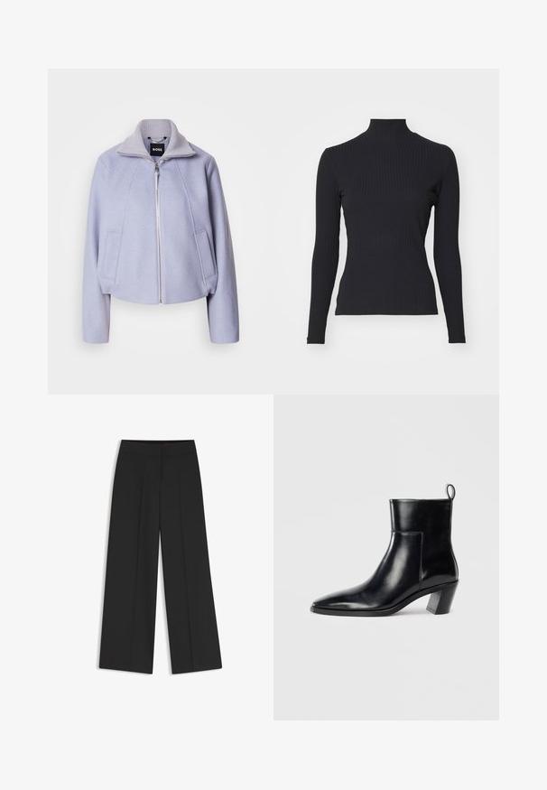 Licht lila cropped jack van zacht materiaal, met een hoge kraag, ritssluiting en twee voorzakken met een strakke uitstraling.; Zwarte geribde coltrui met lange mouwen. Gemaakt van rekbare stof met een getailleerde pasvorm en hoge kraag. Eenvoudig ontwerp zonder versieringen.; Zwarte wijde pantalon met een platte tailleband en een geperste vouw aan de voorkant, afgebeeld tegen een witte achtergrond.; Zwarte leren enkelboot met een spitse neus, een geometrische gestapelde hak en een trekband aan de achterkant. Gladde textuur en slank ontwerp.