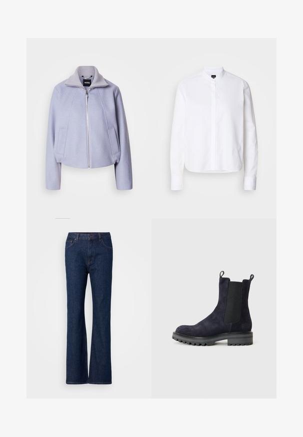 Lys lila cropped jakke lavet af blød stof, med høj krave, lynlåslukning og to frontlommer med et rent design.; Hvid skjorte med krave, front placket, lange ærmer og knapmanchetter. Lavet af glat bomuldsstof med en struktureret pasform.; Sprøde blå denim jeans med høj talje, der har en glat overflade, metalknaplukning og fem-pockets design.; Marineblå ruskindsankelstøvle med elastiske sidepaneler, trækloops og en tyk, struktureret gummisål. Chunky, moderne silhouette.