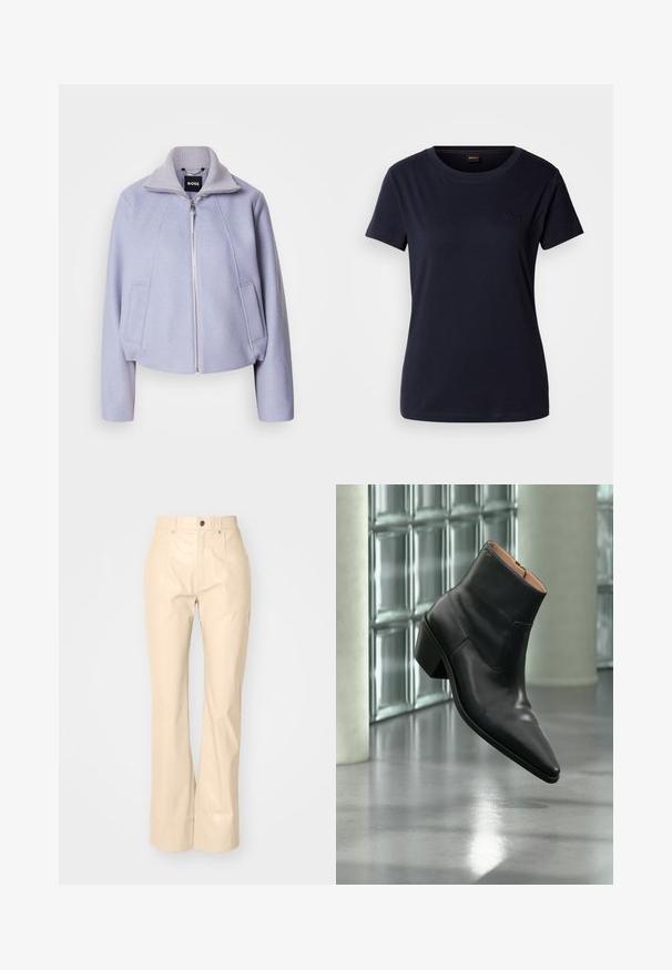 Lys lila cropped jakke lavet af blød stof, med høj krave, lynlåslukning og to frontlommer med et rent design.; Mørkeblå kortærmet T-shirt lavet af bomuld, med rund hals og et lille broderet logo på brystet. Glat tekstur.; Beige faux læder fløjsbukser med en glat overflade, der har frontlommer, knaplukning og en subtil shiny finish.; Sort læderankelstøvle med spids tå og blokhæl, der svæver over en reflekterende grå gulv nær en væg af glasblokke.