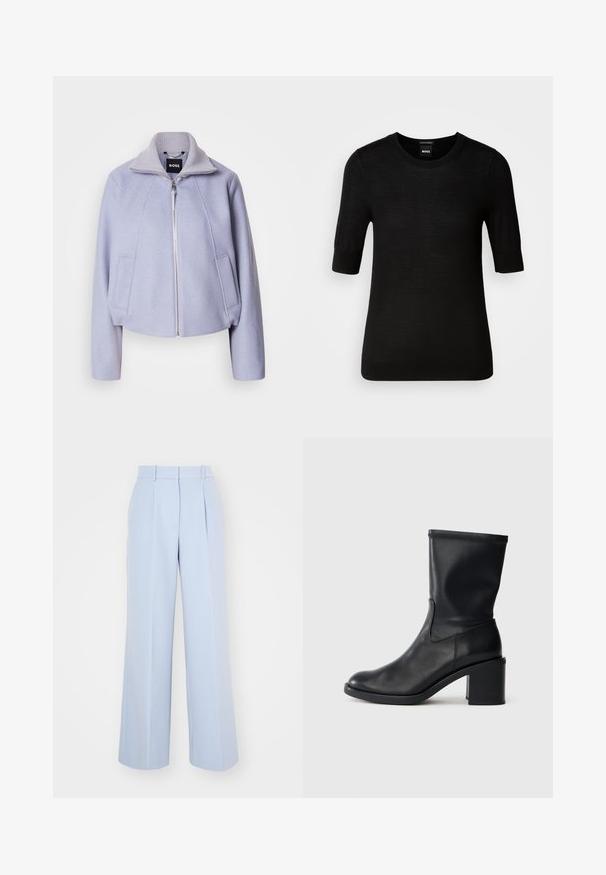 Lys lila cropped jakke lavet af blød stof, med høj krave, lynlåslukning og to frontlommer med et rent design.; Sort T-shirt med korte ærmer lavet af fin merinould. Rund halsudskæring, slim fit, glat tekstur, minimalt design, ingen synlige mønstre eller accenter.; Lysblå vidde bukser med høj talje, der har plisseringer foran, lavet af et glat, vævet stof. Ingen synlig hardware.; Sort læder ankelstøvle med rund tå, glat tekstur og en grov hæl, der har et tætsiddende skaft og subtil syning.