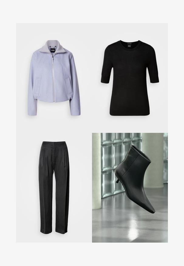 Helle lilafarbene, kurz geschnittene Jacke aus weichem Stoff, mit hohem Kragen, Reißverschluss und zwei vorderen Taschen im schlichten Design.; Schwarzer Kurzarmpullover aus feiner Merinowolle. Rundhalsausschnitt, slim fit, glatte Textur, minimalistisches Design, keine sichtbaren Muster oder Akzente.; Schwarze Hosen mit weitem Bein aus glattem Stoff, mit vorderen Falten, einem Reißverschluss und einem klassischen Bunddesign.; Schwarzer Leder-Stiefelette mit spitzer Zehenpartie und niedrigem Kitten-Heel, schräg dargestellt vor einem polierten Boden und einer Glasbausteinwand.