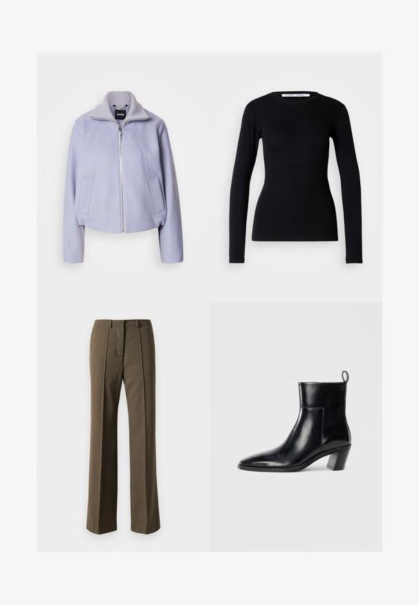 Licht lila cropped jack van zacht materiaal, met een hoge kraag, ritssluiting en twee voorzakken met een strakke uitstraling.; Zwarte lange mouwen top van ribstof. Heeft een ronde halslijn en een getailleerde pasvorm. Geen patronen of versieringen. Eenvoudig ontwerp.; Bruine op maat gemaakte broek met een rechte pasvorm, geplooide voorkant en klassieke tailleband. Gemaakt van een zachte stof met een verfijnde afwerking.; Zwarte leren enkelboot met een spitse neus, een geometrische gestapelde hak en een trekband aan de achterkant. Gladde textuur en slank ontwerp.