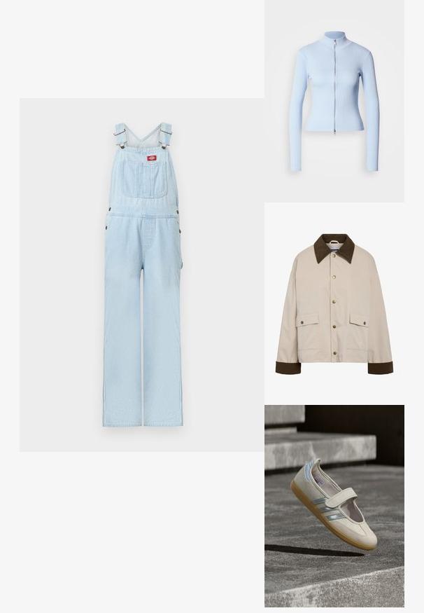 Noisy May Short - Let jakke / Sommerjakker - silver; Lyseblå denimsoveralls med justerbare stropper, forlomme med rød logo-patch og brede, lige ben.; Lyseblå langærmet top med høj krave og lynlås foran, lavet af ribstrikket stof, tætsiddende design, glat tekstur og minimalistisk stil.; Beige stofsko med elastisk rem, tekstureret overdel, sølv- og blå detaljer samt en sål i gummi med naturlig farve, vist mod en grå baggrund.