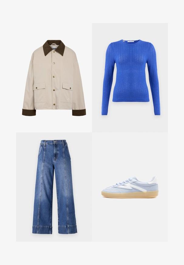 Noisy May Short - Let jakke / Sommerjakker - silver; Blå strikket langærmet sweater med et tekstureret mønster, rund halsudskæring og ribkant, som har et slankt fit design.; Bredbenede blå denimbukser med høj talje, der har en knaplukning, forlommer og synlig stikning langs sidesømmene.; Lyseblå ruskindssneaker med hvide læderdetaljer, lyseblå snørebånd og en gummi ydersål.
