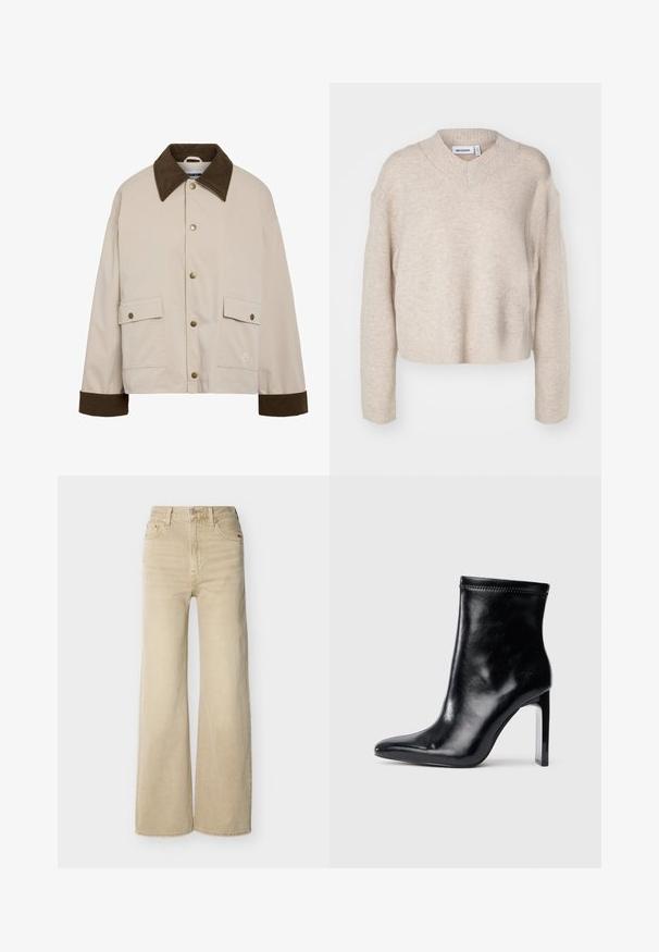 Noisy May Short - Lichte jas - silver; Weekday REESE V NECK - Trui - light mole; Beige jeans met hoge taille en wijde pijpen, voorzien van knopen en rits aan de voorkant, voor- en achterzakken, en riemlussen, afgebeeld op een witte achtergrond.; Zwarte leren enkellaars met een spitse neus en hoge doorzichtige hak. Gleed tekstuur en minimale stikseldetails op het bovenmateriaal.