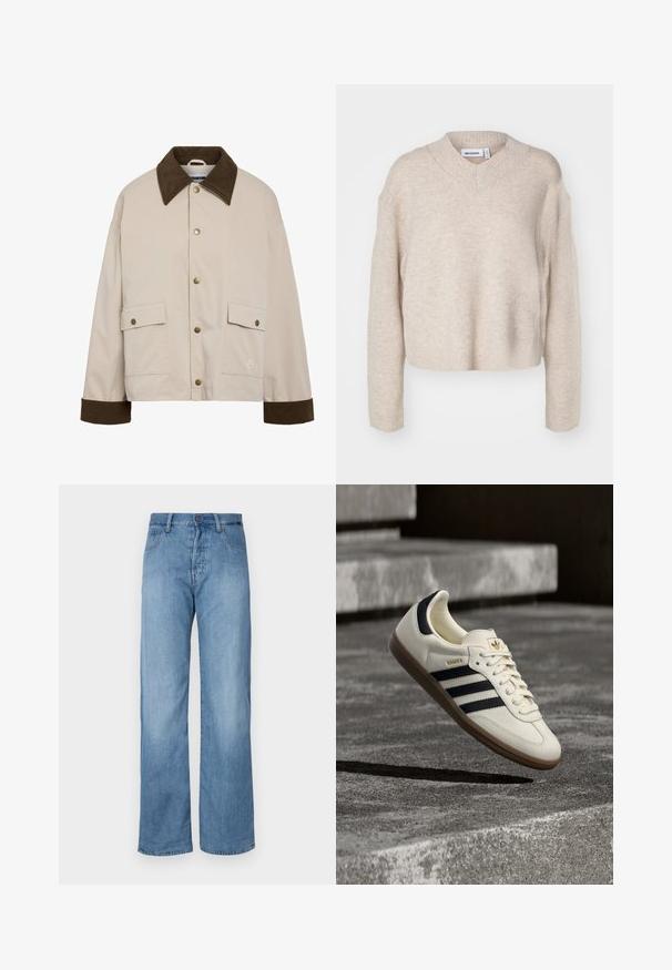 Noisy May Short - Let jakke / Sommerjakker - silver; Weekday REESE V NECK - Striktrøje - light mole; Lyseblå denim brede bukser med et klassisk fem-lomme design, knaplukning og diskrete syninger langs sømmene.; Hvid Adidas Samba sneaker med sorte striber og gummsål, svævende over teksturerede grå betonstrin.