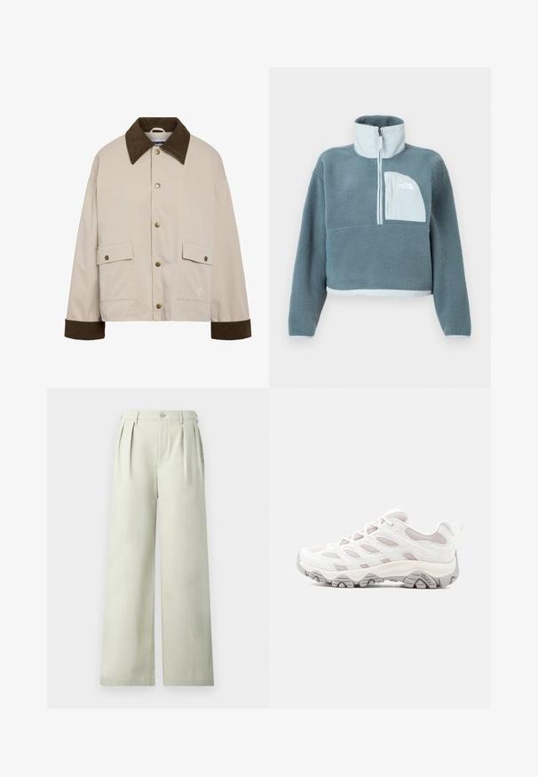 Noisy May Short - Lichte jas - silver; Blauwe fleece pullover met halve rits, hoge kraag en lichtblauwe borstzak met het logo van The North Face.; Lichtgroene wijde broek van soepel materiaal, met plooien, een enkele knoop in de tailleband en een strakke snit.; Lichtgrijze wandelschoen met een gestructureerd bovenwerk, meshpanelen en een rubberen zool. Voorzien van een opvallend vetersysteem en Merrell-logo aan de zijkant.