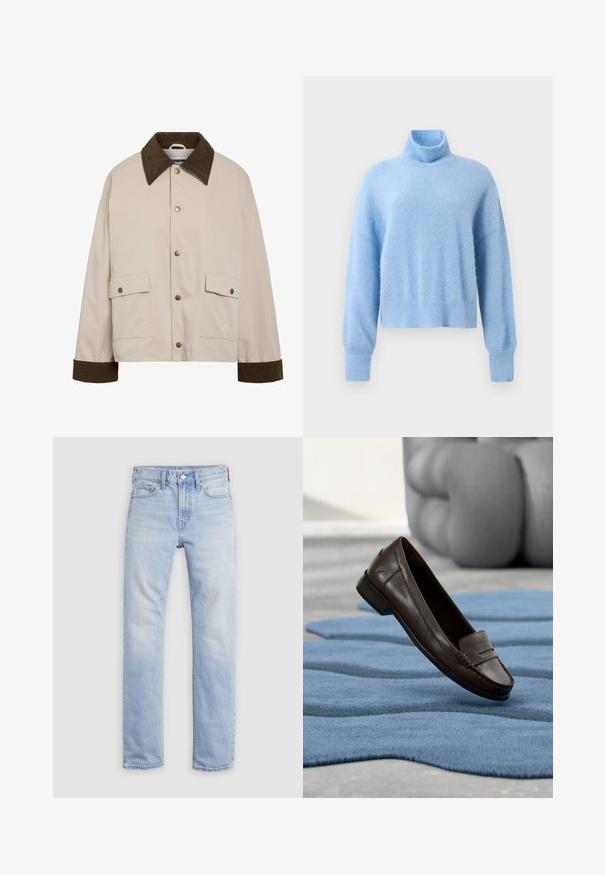 Noisy May Short - Let jakke / Sommerjakker - silver; Lyseblå, cropped turtleneck sweater lavet af blødt, tekstureret stof med lange ærmer og ribbede manchetter for ekstra detalje.; Lyseblå denimjeans med lige ben, knap- og lynlåslukning, design med fem lommer og let falmet stof.; Mørkebrune sko i læder med flade hæle, hvilende på en bølget blå tekstureret tæppe, med en blød grå sofa sløret i baggrunden.