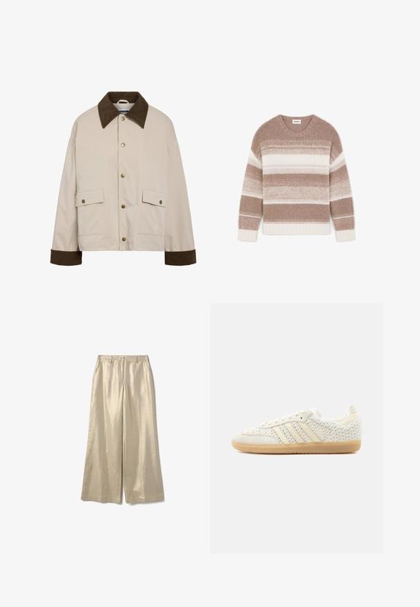 Noisy May Short - Lichte jas - silver; Gebreide trui met lange mouwen, beige en witte horizontale strepen, en een ronde hals.; Beige broek met wijde pijpen, riemlussen en voorzakken, gemaakt van een glanzende, gestructureerde stof, afgebeeld tegen een witte achtergrond.; Witte lage sneaker met gestructureerde geweven stof, beige leren strepen en een buitenzool van gums rubber, weergegeven vanuit de buitenzijde op een effen achtergrond.
