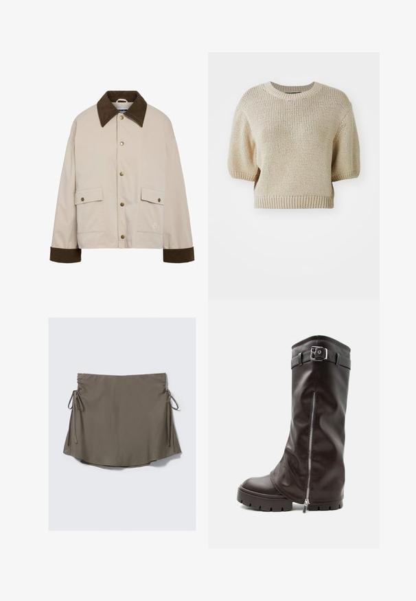 Noisy May NMNORA COLLAR JACKET - Let jakke / Sommerjakker - silver; Beige strikket kortærmet sweater med rund hals. Har en struktureret pasform med tekstureret, løst væv og ribbede kanter.; Khaki slå-om-nederdel med sidelommer, lavet af glat stof. Har buet kant med samling ved taljen for justerbar pasform.; Høj mørkebrun læderstøvle med kraftig sål, sidelukning med lynlås og ankelrem med sølvspænde, vist på en hvid baggrund.