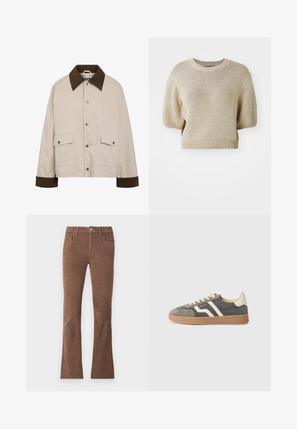 Noisy May Short - Lichte jas - silver; Beige gebreide korte mouwen trui met een ronde halslijn. Heeft een gestructureerde, losse weefsel en ribgebreide boorden voor een gestructureerde pasvorm.; Bruine corduroybroeken met knoop- en ritssluiting, vijfzakkenstijl en licht uitlopende pijpen.; Grijze suède sneaker met een gestructureerd bovenwerk, voorzien van crèmekleurige strepen en veters, en een gumrubberen zool voor grip. Tijdloos atletisch ontwerp.
