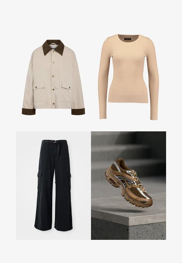 Noisy May NMNORA COLLAR JACKET - Let jakke / Sommerjakker - silver; Ribbet langærmet sweater i lys beige, lavet af strækbart stof. Har en rund halsudskæring og tætsiddende silhuet med ribbede manchetter.; Sorte bredbenede cargo-bukser lavet af bomuld med et bånd, der kan bindes, og som har to sidelommer samt en glat stofstruktur.; Brun og tan Nike sneaker med mesh og reflekterende detaljer, der svæver over en betonbeklædning mod en sløret grå baggrund.